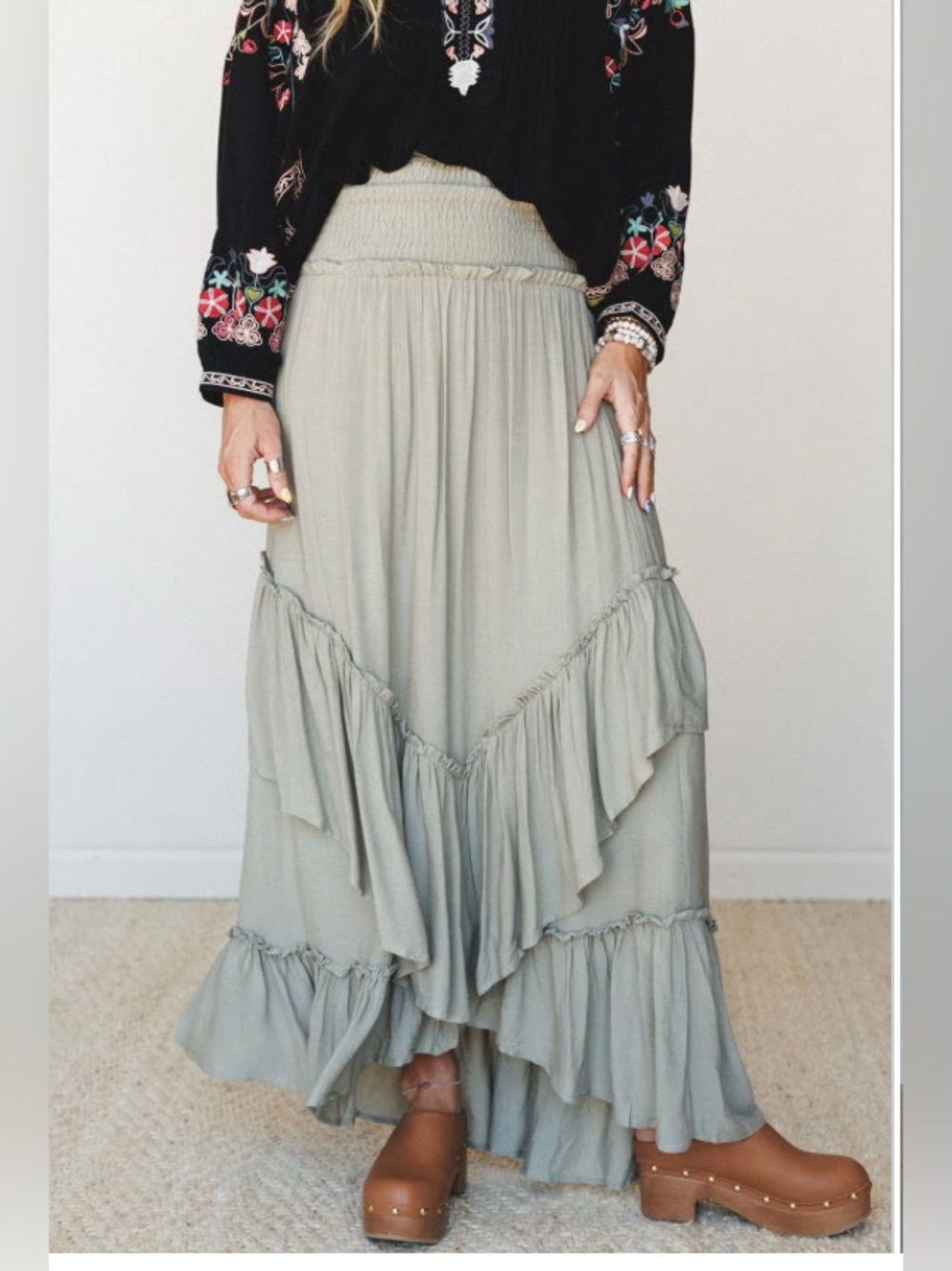 Three Bird Nest Olive  High-Low Tiered Maxi Skirt